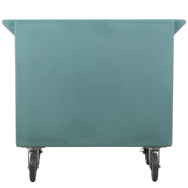 A blue plastic Cambro tray cart with black wheels.