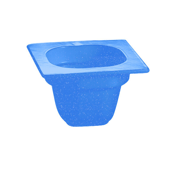 A blue square Tablecraft food pan with a square top.