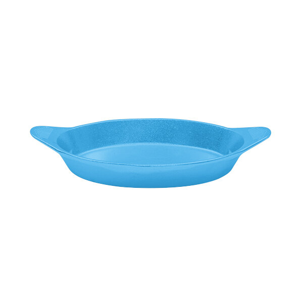 A sky blue cast aluminum oval server with shell handles.