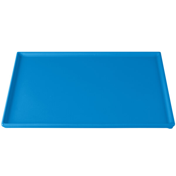 A sky blue rectangular cast aluminum cooling platter on a white background.