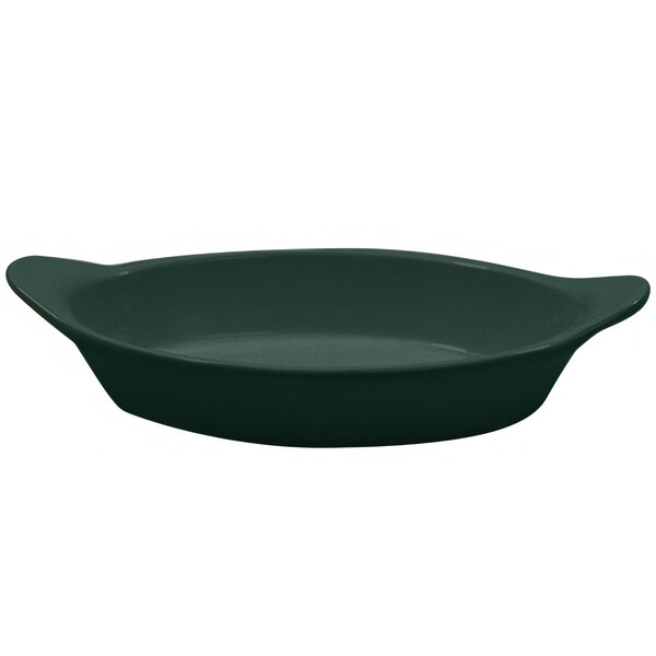 A hunter green oval cast aluminum server with shell handles.