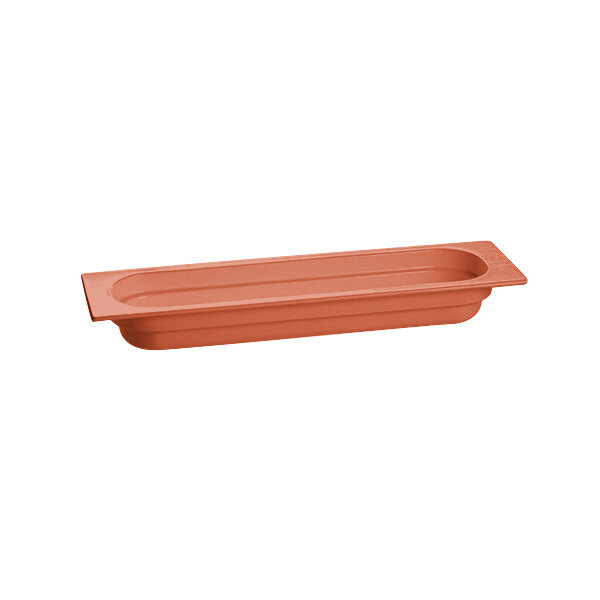 A copper rectangular food pan with a handle.