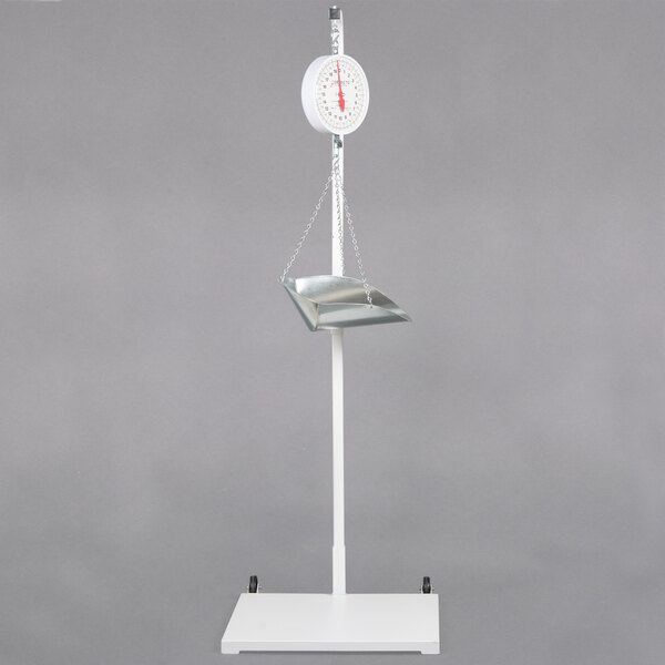 A Cardinal Detecto hanging scale with a metal stand.