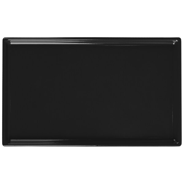 A black rectangular Tablecraft cast aluminum cooling platter.