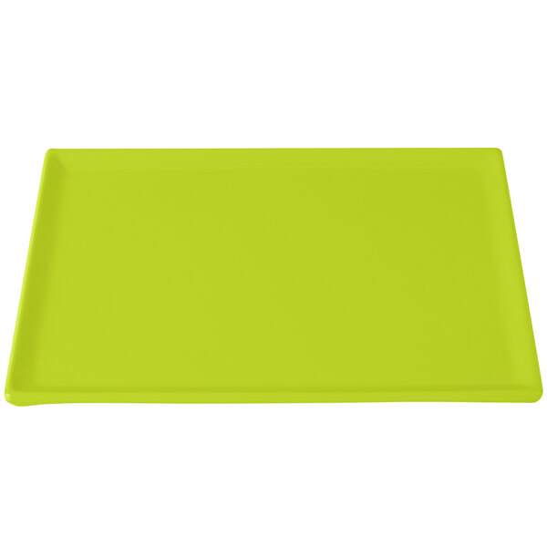 A lime green Tablecraft cast aluminum rectangular cooling platter.