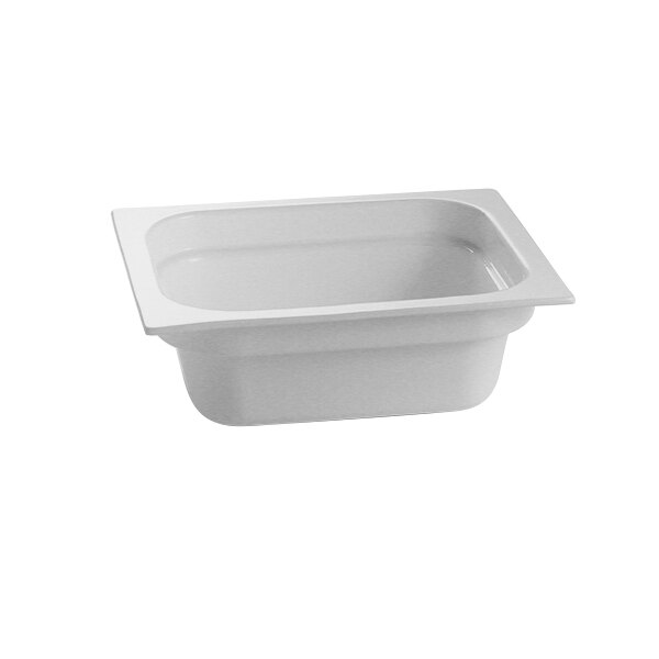 A natural aluminum food pan with a handle.