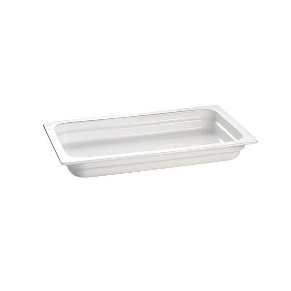 A white rectangular Tablecraft cast aluminum food pan.