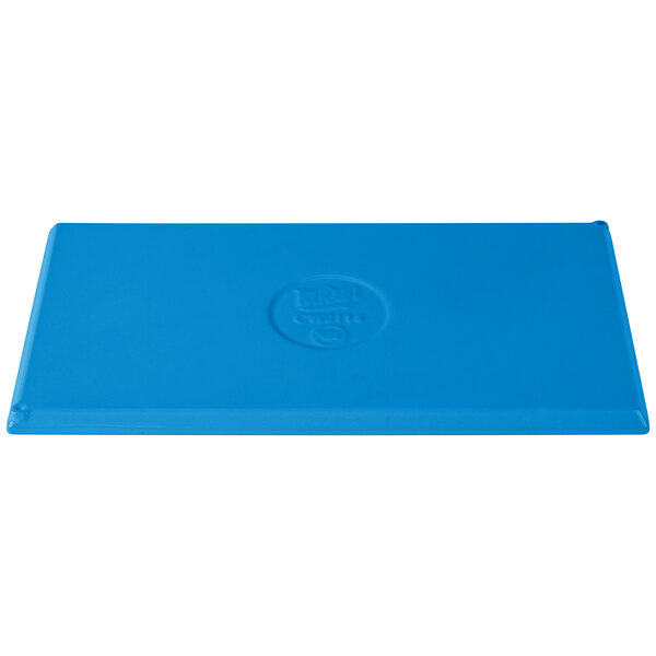 A sky blue rectangular cast aluminum cooling platter with a Tablecraft logo.