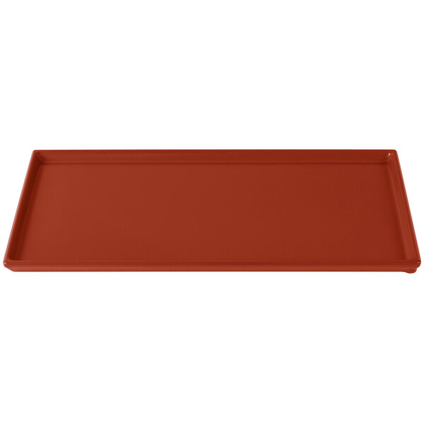A Tablecraft copper cast aluminum rectangular cooling platter with a red finish.