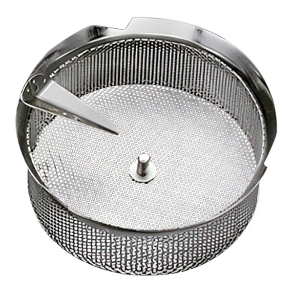 A round stainless steel 5/64 inch (2 mm) grid attachment for the Tellier EX5 electric food mill.