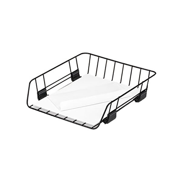 A black wire desk tray organizer holding white paper.