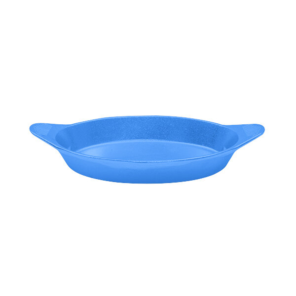 A cobalt blue cast aluminum oval server with shell handles.