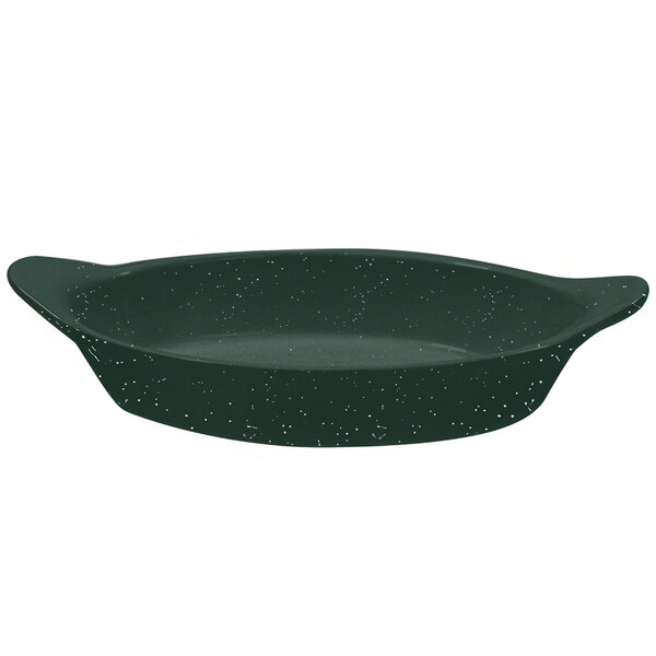 A Tablecraft hunter green and white speckled oval server with shell handles on a counter.