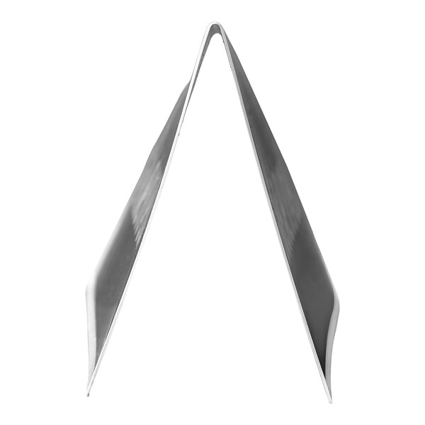 A metal tent-shaped object with a reflective surface, viewed from the end.