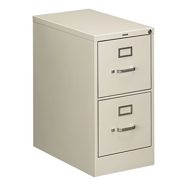 A light gray HON filing cabinet with two drawers.