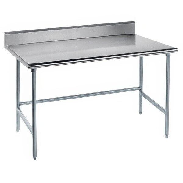 An Advance Tabco stainless steel work table with an open base and long rectangular top.