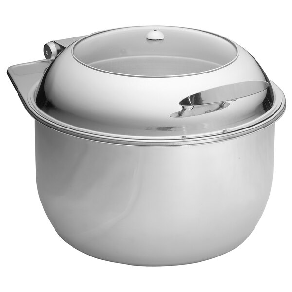 A Tablecraft stainless steel soup chafer with lid.