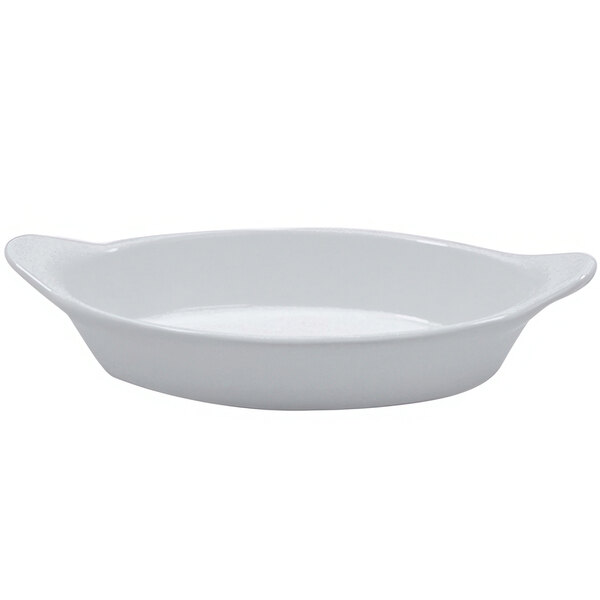 A gray oval cast aluminum bowl with shell handles.