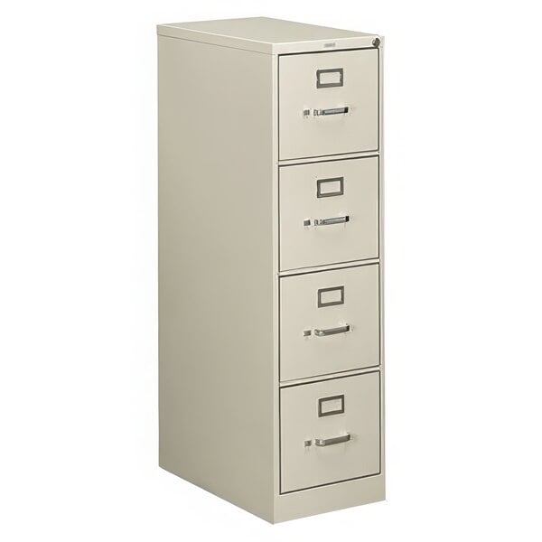 A light gray HON filing cabinet with four drawers.