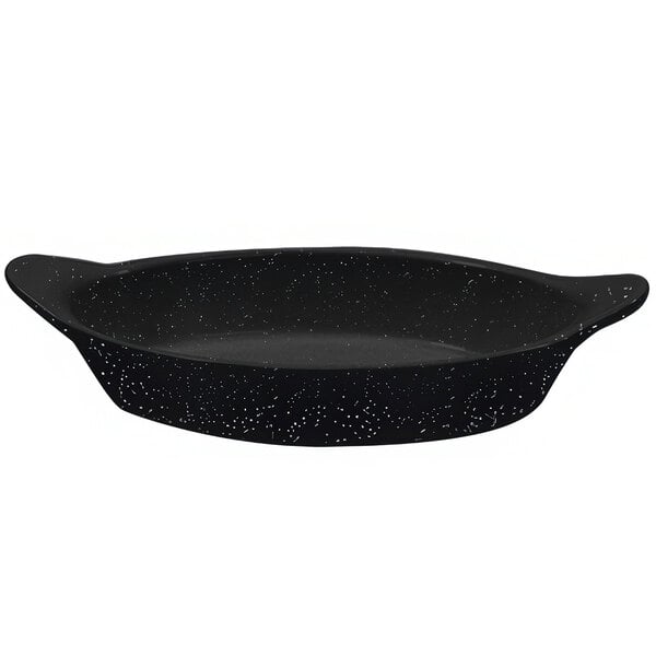 A black Tablecraft oval server with speckled specks and shell handles.