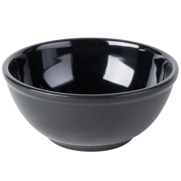 A black Cal-Mil melamine bowl on a white background.