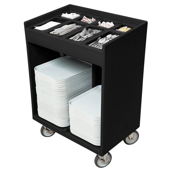 A black Cambro tray and silverware cart with a tray of utensils and forks.