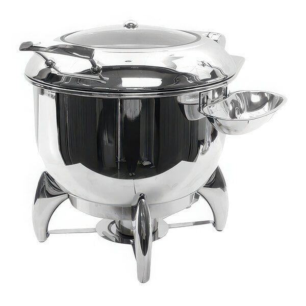A Tablecraft stainless steel soup chafer with a lid on a stand.