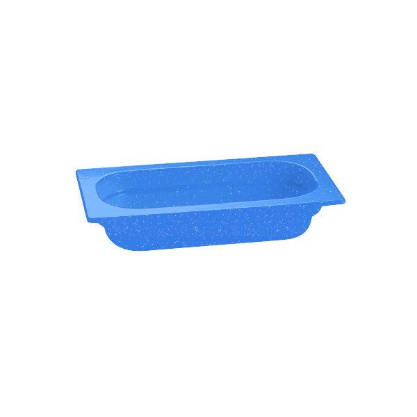 A blue rectangular Tablecraft cast aluminum food pan with white specks.