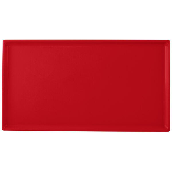 A red rectangular Tablecraft cooling platter.
