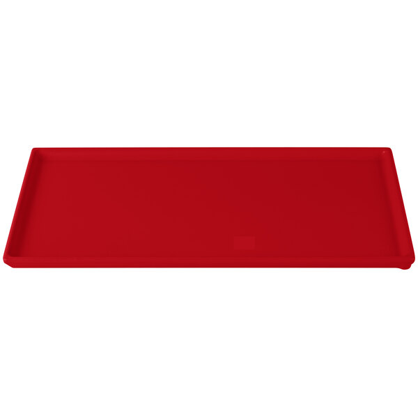A red rectangular Tablecraft cast aluminum cooling platter.