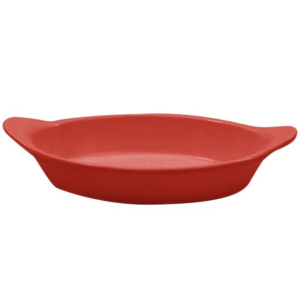 A red Tablecraft cast aluminum oval server with shell handles.