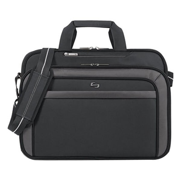 A Solo black laptop briefcase with a strap.