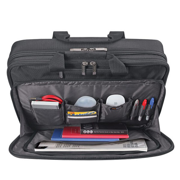 A close up of a black Solo Pro CheckFast briefcase with various items inside.