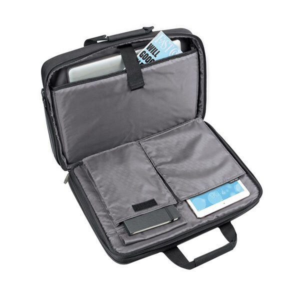 A black Solo Pro CheckFast briefcase with a laptop and a tablet inside.