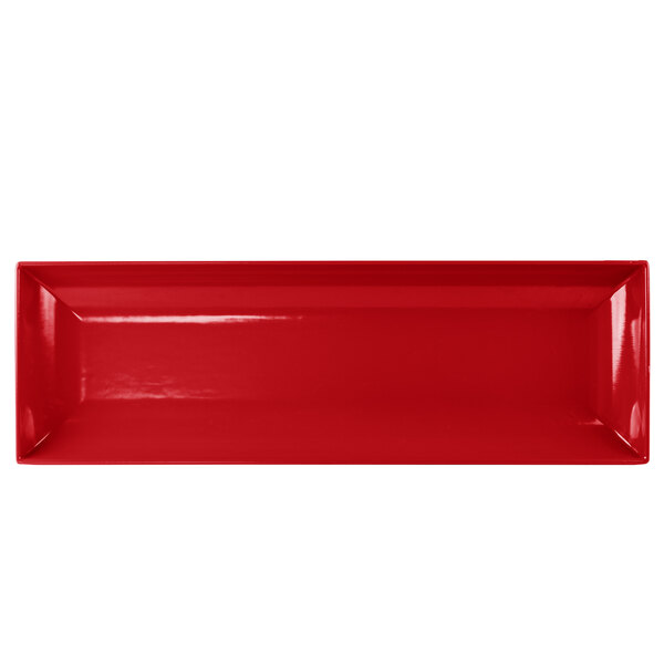 A red rectangular platter with white edges.