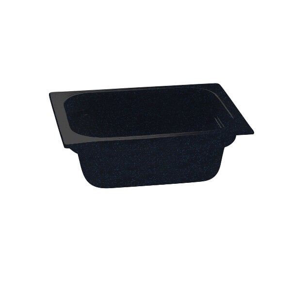 A black cast aluminum food pan with blue speckles on the inside.