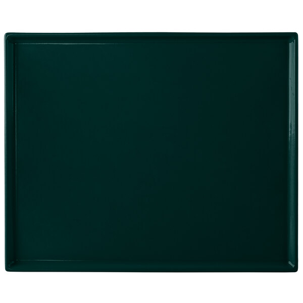 A hunter green rectangular cast aluminum cooling platter with a white border.
