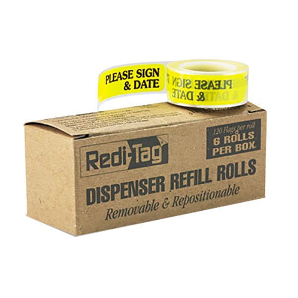 A box of Redi-Tag yellow "Please Sign & Date" page flag dispenser rolls.