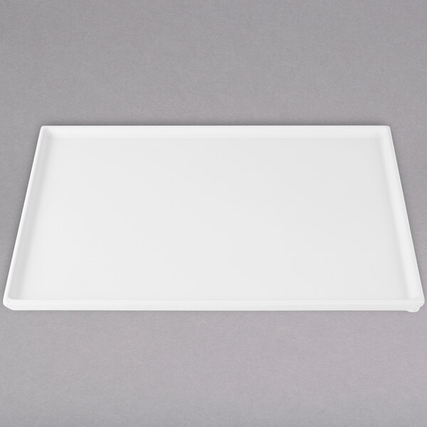 A white rectangular Tablecraft cooling platter with a gray border.