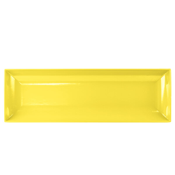 A yellow rectangular Tablecraft cast aluminum tray.