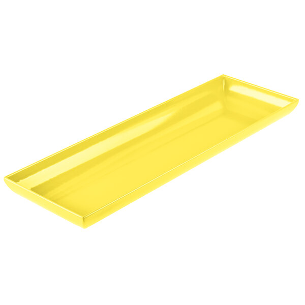 A yellow Tablecraft cast aluminum rectangular platter.