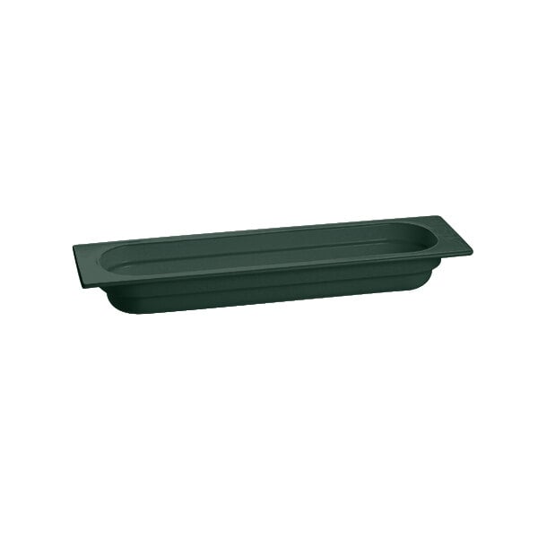 A hunter green rectangular food pan with a handle.