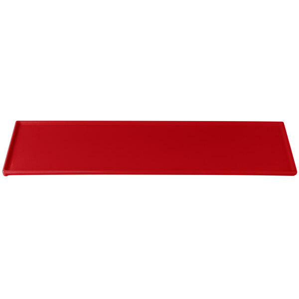 A red rectangular Tablecraft cooling platter with white border.