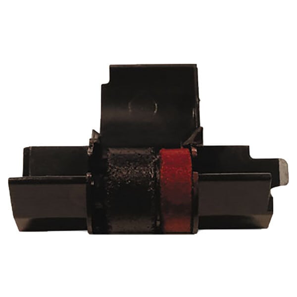 A black and red rectangular metal ink roller.