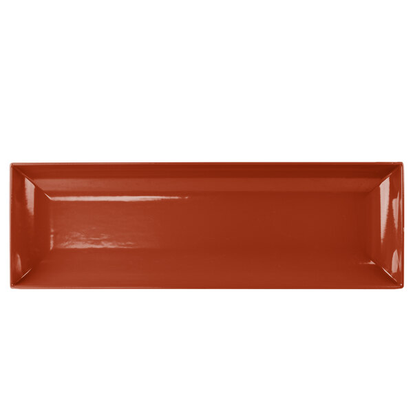 A copper rectangular platter with flared edges.
