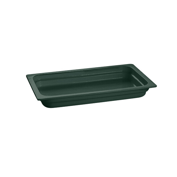 A hunter green rectangular cast aluminum food pan.