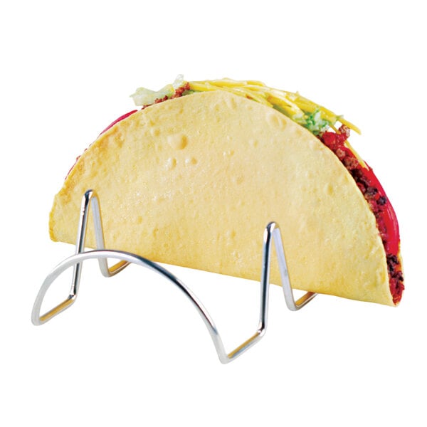 A stainless steel Clipper Mill taco holder with two compartments holding a taco.