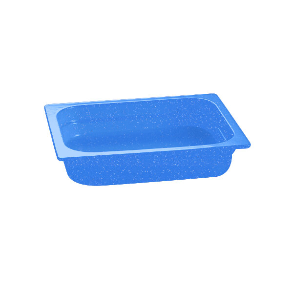 A blue rectangular Tablecraft food pan with white specks.