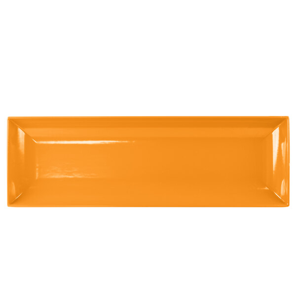 An orange rectangular cast aluminum platter on a white background.