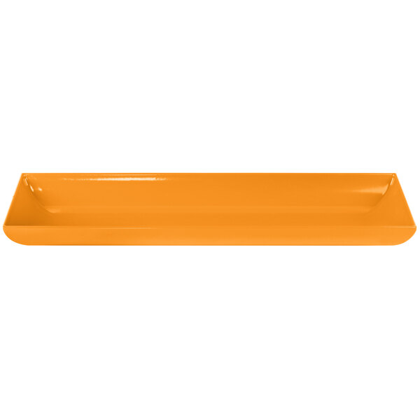 A Tablecraft orange cast aluminum rectangular tray.